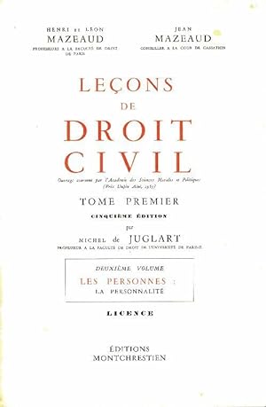 Seller image for Lecons de droit civil Tome I Deuxi?me volume. Les personnes : La personnalit?, les incapacit?s - Henri Mazeaud for sale by Book Hmisphres