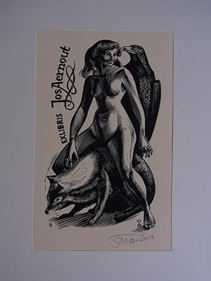 Bild des Verkufers fr Erotisches Exlibris fr Jos Aernout. Weiblicher Akt mit Dachs und Greif. Holzstich. Signiert zum Verkauf von Antiquariat Weber
