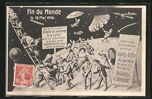 Ansichtskarte Fin du Monde, Ende der Welt 1910, Menschen flüchten auf einer Leiter und mit Flugze...