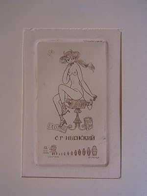 Seller image for Erotisches Exlibris. Eignername in kyrillischer Schrift. Weiblicher Akt. Darunter Russische Matrjoschkas und kleiner Schriftzug "800 Jahre Leipzig". Original-Kupferstich for sale by Antiquariat Weber