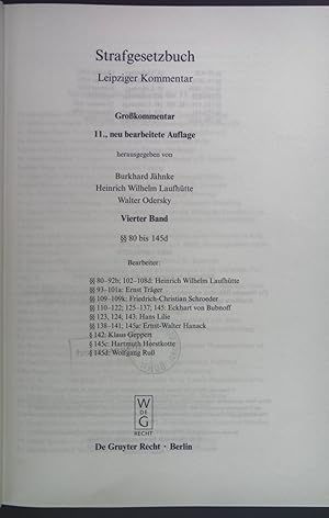 Immagine del venditore per Strafgesetzbuch; Leipziger Kommentar, Grokommentar. Bd. 4.,  80 bis 145d. venduto da books4less (Versandantiquariat Petra Gros GmbH & Co. KG)