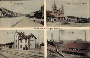 Ansichtskarte / Postkarte Carling Karlingen Lothringen Moselle, Hauptstraße, Kirche, Bahnhof, Sch...