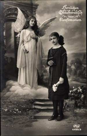 Ansichtskarte / Postkarte Glückwunsch Konfirmation, Engel und Mädchen mit Bibel - Amag 63485 3