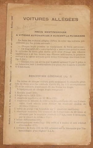 Voitures Allégées – Notice à coller à la fin du Manuel du Mécanicien – 2ème volume – Frein à air ...