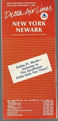 Imagen del vendedor de DELTA QUICK REFERENCE SCHEDULE FOR NEW YORK/NEWARK, EFFECTIVE SEPTEMBER 1, 1985 a la venta por Gibson's Books