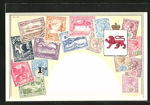 Ansichtskarte Briefmarken aus Tasmanien, Wappen mit Löwe und Krone
