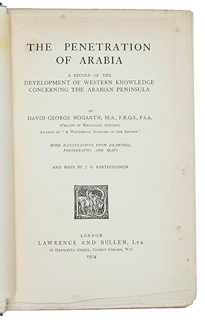 Imagen del vendedor de The penetration of Arabia.London, Lawrence and Bullen, Ltd., 1904. Large 8vo. With 50 photographs of Medina, Mecca (incl. the Ka'bah, pilgrims camping outside the city praying in the Great Mosque-Precinct and at the Tomb, mostly after the photographs of Snouck Hurgronje), Maskat, Sana, Jidda; portraits of explorers such as Carsten Niebuhr, J.L. Burckhardt, G.A. Wallin, Richard Burton, J. Snouck Hurgronje, Jos. Halvy, W.G. Palgrave, W.S. and Lady Anne Blunt and others, maps of their routes through Arabia and several maps and plans of Arabia, Yemen, Oman, Mecca, Medina, Sana, Riad, etc.; the Teima stone, the first published Himyaritic inscriptions, etc. At the end are bound two folding coloured maps on one large leaf (345 x 675 mm) containing (1) the orthographical, and (2) the land surface features of Arabia. Original green publisher's cloth, title in gold on the front board with a gold-tooled section of a compass with the signs of the zodiac, title in gold on the spine. a la venta por Antiquariaat FORUM BV