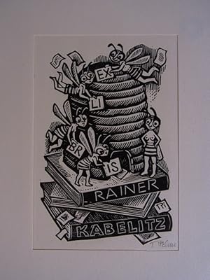 Bild des Verkufers fr Exlibris fr Rainer Kabelitz. Motiv: Bienen und Bienenstock auf Bcherstapel. Holzschnitt oder Linolschnitt zum Verkauf von Antiquariat Weber