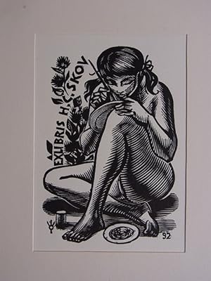 Bild des Verkufers fr Exlibris fr H. C. Skov. Motiv: Asiatisches Mdchen einen Teller bemalend. Holzstich zum Verkauf von Antiquariat Weber