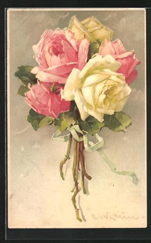 Seller image for Knstler-Ansichtskarte Catharina Klein: Rosenstrauss in weiss und rosa for sale by Bartko-Reher