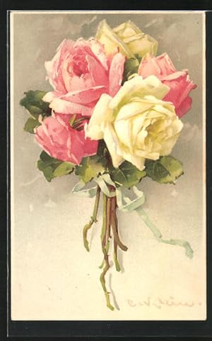 Seller image for Knstler-Ansichtskarte Catharina Klein: Rosenstrauss in weiss und rosa blhend for sale by Bartko-Reher