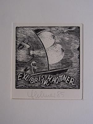 Imagen del vendedor de Erotisches Exlibris fr Dr. H. Httner. Motiv: Segelschiff im Wind mit weiblichen Brsten als Segel. Wahrscheinlich Linolschnitt. Signiert a la venta por Antiquariat Weber