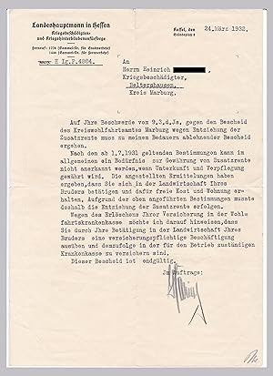 Brief - Landeshauptmann Hessen, Kriegsbeschädigte, Kriegshinterbliebene, Kassel 1932
