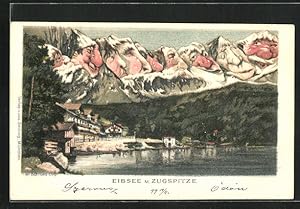 Künstler-Ansichtskarte Seiling Nr. 52, Eibsee mit Zugspitze, Berge mit lustigen Gesichtern, Bergg...