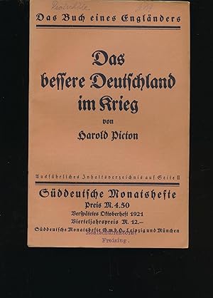 Bild des Verkufers fr Das bessere Deutschland im Krieg;Sddeutschen Monatshefte, Versptetes Oktoberheft 1921 zum Verkauf von Antiquariat Kastanienhof