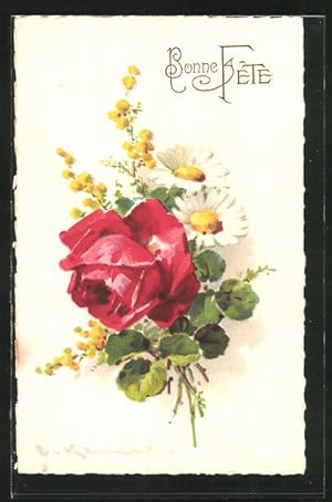 Bild des Verkufers fr Knstler-Ansichtskarte Catharina Klein: Rote Rose wird von gelben und weissen Blten eingerahmt zum Verkauf von Bartko-Reher