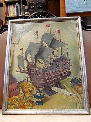 Stilleben mit Modellschiff ( Wappen von Bremen oder Hamburg?), Feder, blauem Keramikgefäß und Büc...