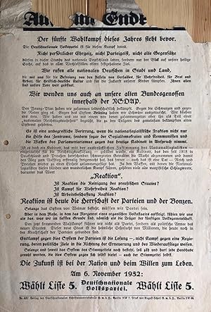 Bild des Verkufers fr Der fnfte Wahlkampf dieses Jahres steht bevor. Die Deutschnationale Volkspartei ist fr diesen Kampf bereit. (Original-Flugblatt zu den Reichstagswahlen im November 1932). zum Verkauf von Antiquariat Schwarz & Grmling GbR