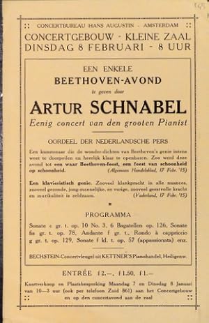 Bild des Verkufers fr [Flyer] Concertbureau Hans Augustin. Een enkele Beethoven-Avond te geven door Artur Schnabel zum Verkauf von Paul van Kuik Antiquarian Music