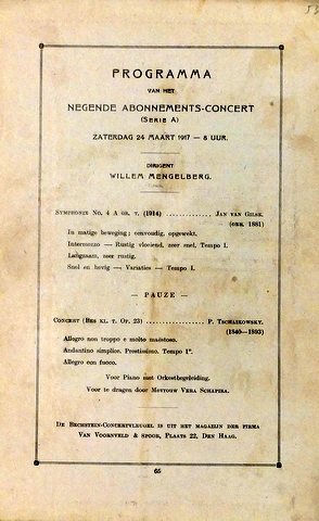 [Programmheft] Programma van het negende Abonnements-Concert (serie A) Dirigent Willem Mengelberg...