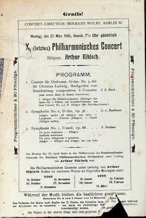 Seller image for [Programmzettel] X. (letztes) Philharmonisches Concert. Dirigent: Arthur Nikisch for sale by Paul van Kuik Antiquarian Music