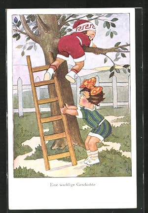 Bild des Verkufers fr Knstler-Ansichtskarte H. Zahl: Junge klettert auf einen Baum, Eine wacklige Geschichte zum Verkauf von Bartko-Reher