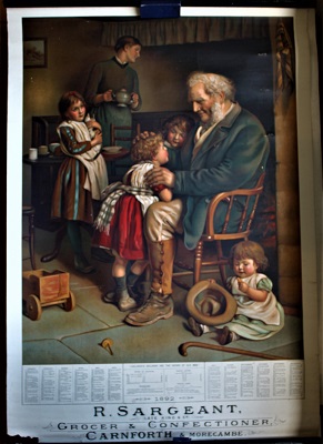 Seller image for CHILDREN'S CHILDREN ARE THE CROWN OF OLD MEN. An illustrated calendar poster for R. Sargeant (late King & Co.) grocer & confectioner, Carnforth & Morcambe for sale by Barry McKay Rare Books