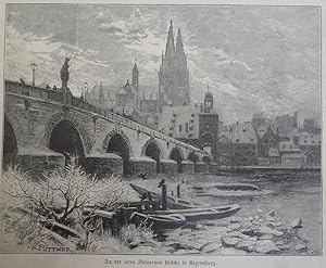 Holzstich An der alten Steinernen Brücke in Regensburg