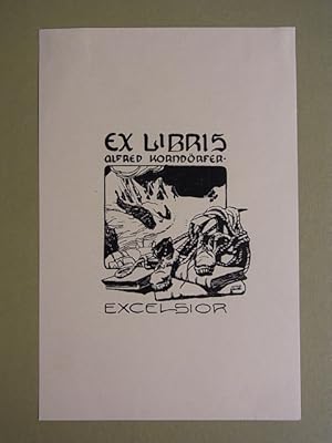 Seller image for Exlibris fr Alfred Korndrfer. Motiv: Bergsteiger-Ausrstung und Bcher vor Bergmassiv. Darunter Text: "Excelsior" for sale by Antiquariat Weber