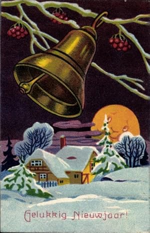 Ansichtskarte / Postkarte Glückwunsch Neujahr, Glocke, Landschaft, Mondschein