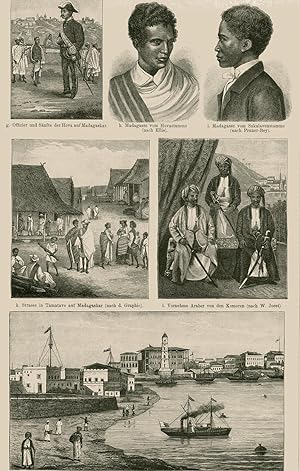 Bild des Verkufers fr Offizier und Snfte der Hova auf Madagaskar; Madagasse vom Hovastamme; Madagasse vom Sakalavenstamme; Strasse in Tamatave auf Madagaskar; Vornehme Araber von den Komoren; Ansicht von Sansibar";Bewohner der afrikanischen Inseln zum Verkauf von Antiquariat Kastanienhof