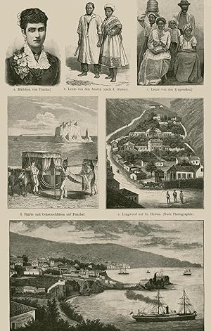 Bild des Verkufers fr Mdchen von Funchal; Leute von den Azoren; Leute von den Kapverden; Snfte und Ochsenschlitten auf Funchal; Longwood auf StHelena; Ansicht von Funchal auf Madeira";Bewohner der afrikanischen Inseln zum Verkauf von Antiquariat Kastanienhof