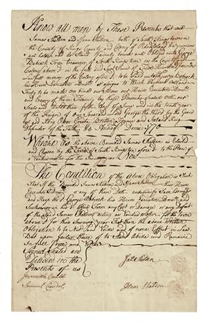 One-page holograph document being a bond of indemnity to George Babcock as town treasurer, d. 1770