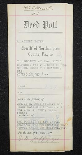 Deed for Sale by E. Albert Boyer, Sheriff of Northampton County, Pa., to the Society of the Unite...