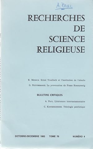 Bulletin de littérature intertestamentaire. [Des: Recherches de Sciences Religieuse (RSR), Octobr...