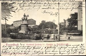 Bild des Verkufers fr Ansichtskarte / Postkarte Darmstadt in Hessen, Denkmal Ludwig IV. Theater u. Schlossterrasse zum Verkauf von akpool GmbH