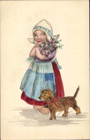 Handgemalt Ansichtskarte / Postkarte Frau in niederländischer Tracht mit Hund