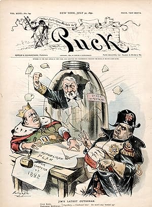 Imagen del vendedor de PRINT: "Jim's Latest Outbreak".engraving from Puck Humorous Weekly, July 30, 1890 a la venta por Dorley House Books, Inc.