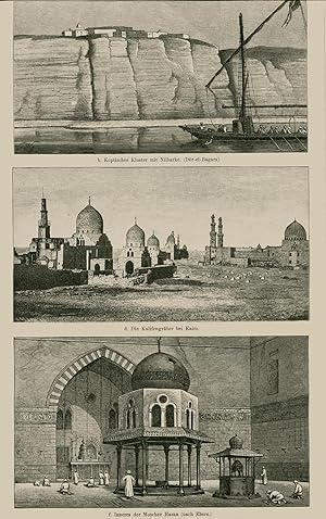 Bild des Verkufers fr Koptisches Kloster mit Nilbarke (Der-el-Bagara); Die Kalifengrber bei Kairo; Inneres der Moschee Hasan zum Verkauf von Antiquariat Kastanienhof