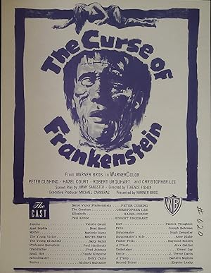 The Curse of Frankenstein Synopsis Sheet 1957 Peter Cushing, Hazel Court