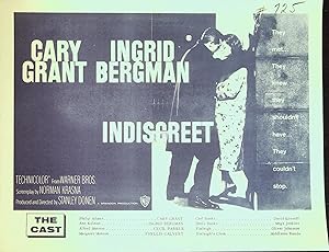 Indiscreet Synopsis Sheet 1958 Cary Grant, Ingrid Bergman