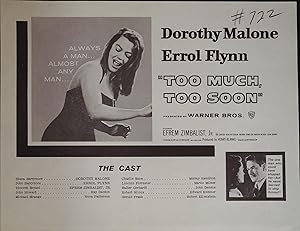 Too Much, Too Soon Synopsis Sheet 1958 Dorothy Malone, Errol Flynn