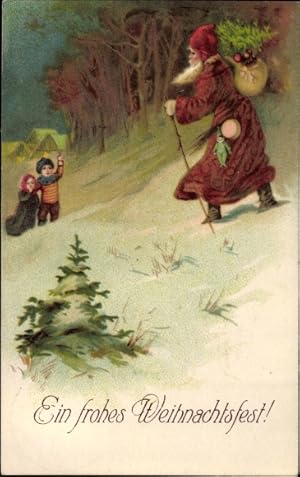 Ansichtskarte / Postkarte Glückwunsch Weihnachten, Weihnachtsmann, Geschenke, Kinder, Wald