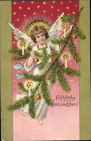 Präge Ansichtskarte / Postkarte Glückwunsch Weihnachten, Engel, Tannenbaum, Kerzen