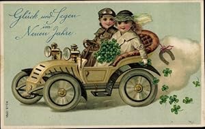 Präge Ansichtskarte / Postkarte Glückwunsch Neujahr, Automobil, Kleeblätter, Hufeisen