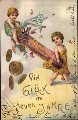 Präge Ansichtskarte / Postkarte Glückwunsch Neujahr, Kinder, Münzen
