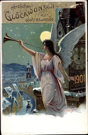 Ganzsache Ansichtskarte / Postkarte Glückwunsch Neujahr, Jahreszahl 1901, Engel bläst in die Fanfare