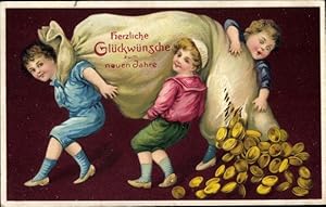 Ansichtskarte / Postkarte Glückwunsch Neujahr, Kinder mit Geldsack, Goldene Münzen
