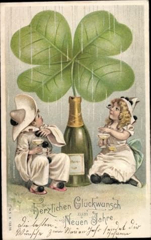 Präge Ansichtskarte / Postkarte Glückwunsch Neujahr, Kinder, Kleeblatt, Sektflasche