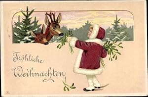 Präge Ansichtskarte / Postkarte Glückwunsch Weihnachten, Rehe beim Füttern, Mistelzweig, Mädchen